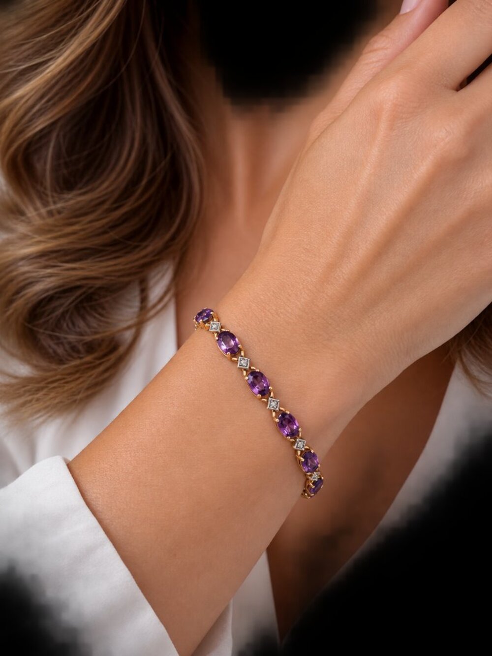 Vintage GTR 10KP Gold Amethyst & Diamond Tennis Bracelet 7.5"